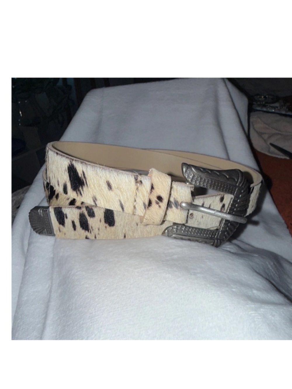 Free People Spotted Haircalf Western Belt with Ornate Silver Buckle